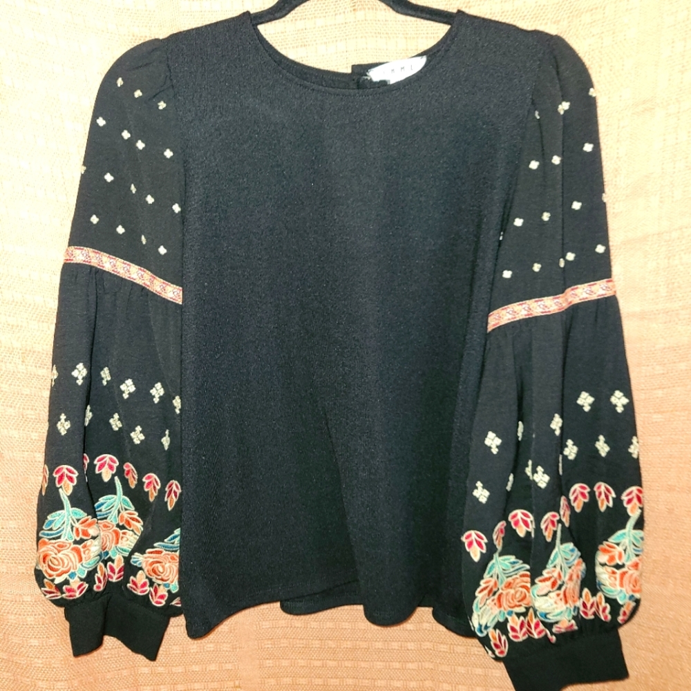 THML Embroidered Long Sleeve Black Top